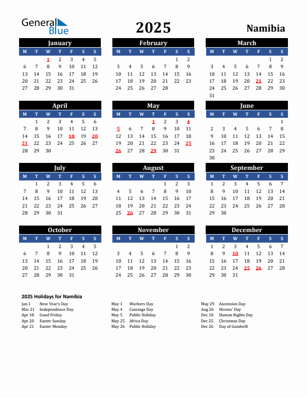 2025 Namibia Calendar with Holidays