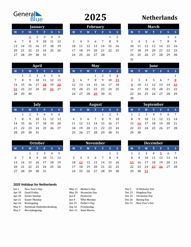 2025 The Netherlands Holiday Calendar