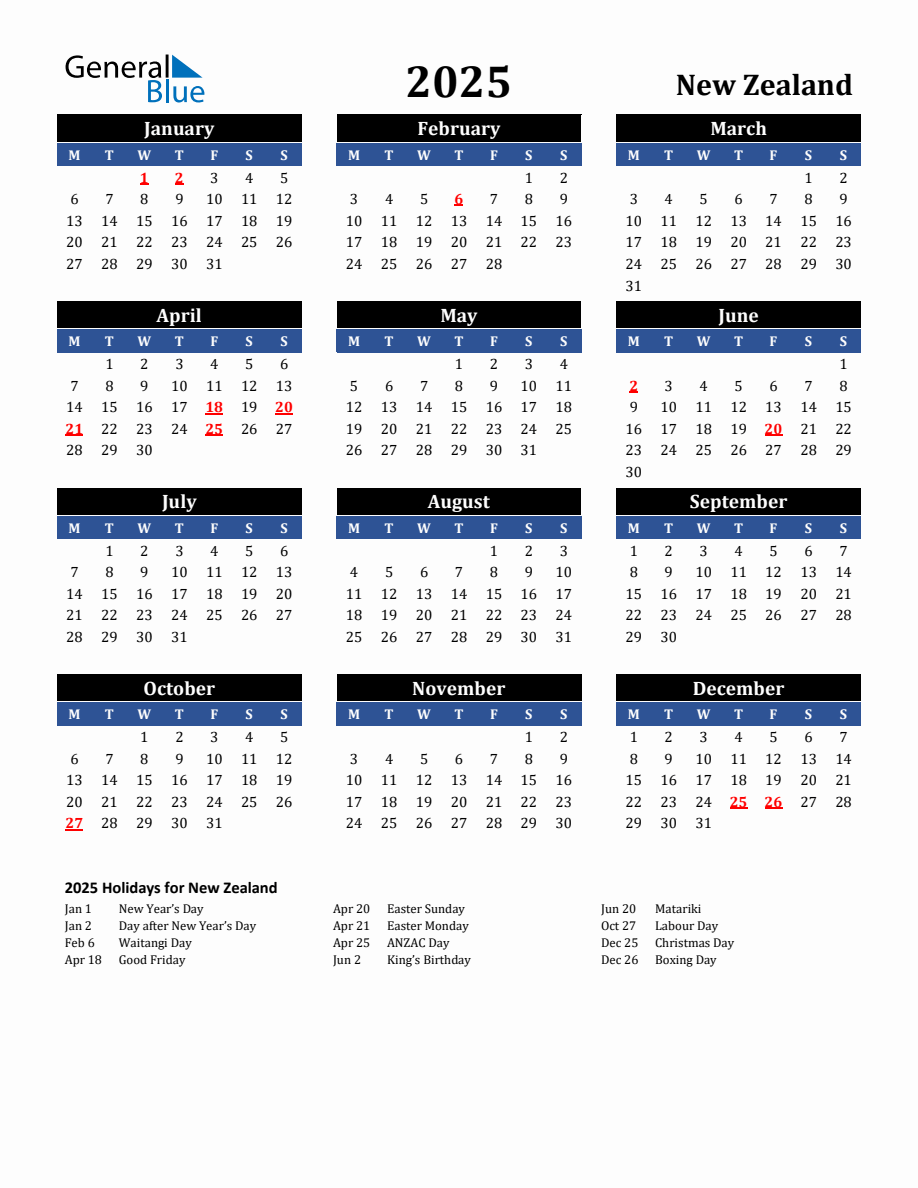 2025 New Zealand Holiday Calendar