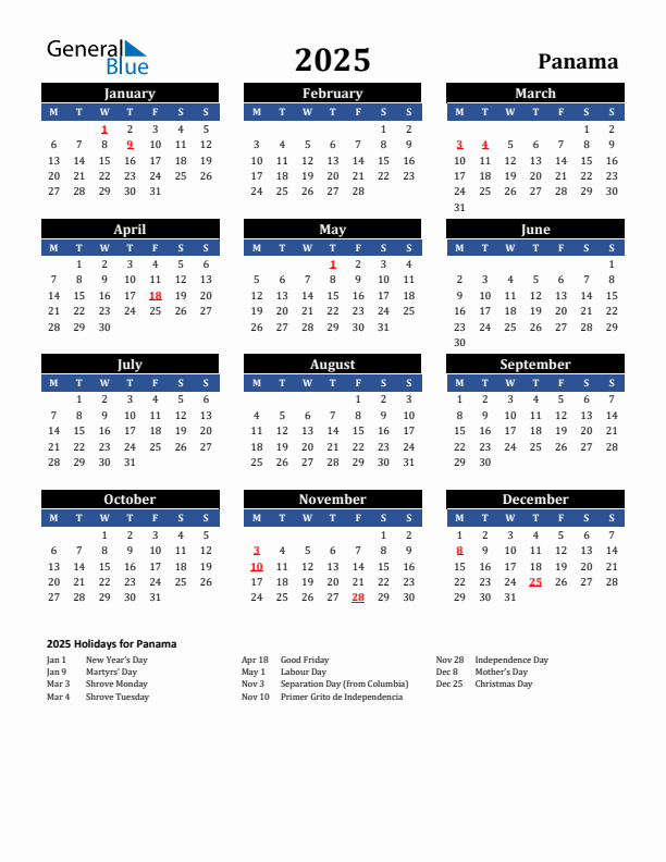 2025 Panama Holiday Calendar