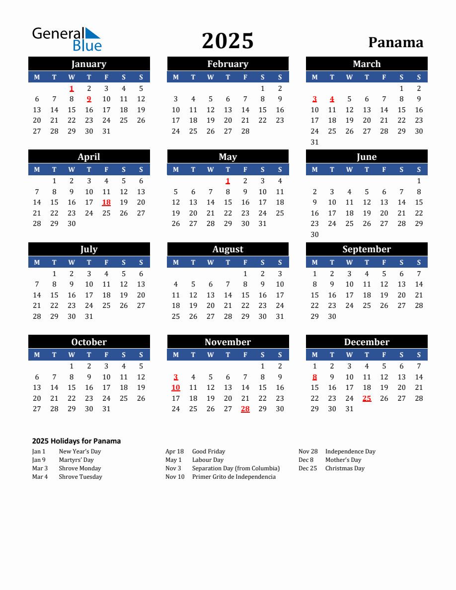 2025 Panama Holiday Calendar