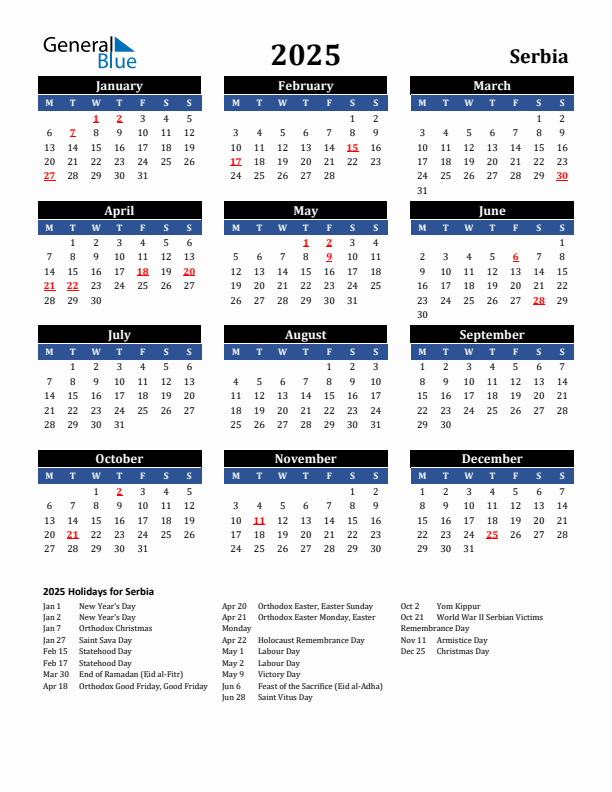 2025 Serbia Holiday Calendar