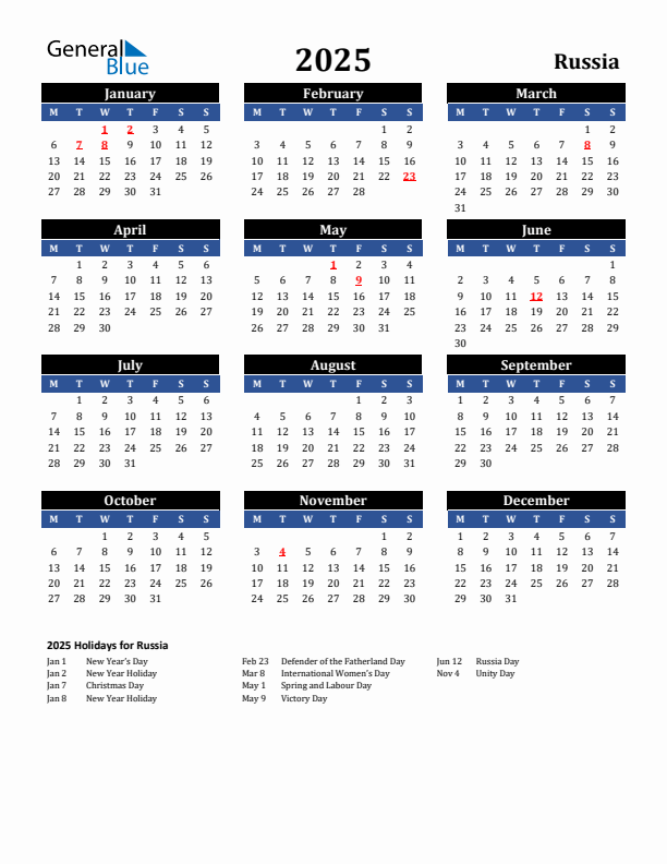 2025 Russia Holiday Calendar