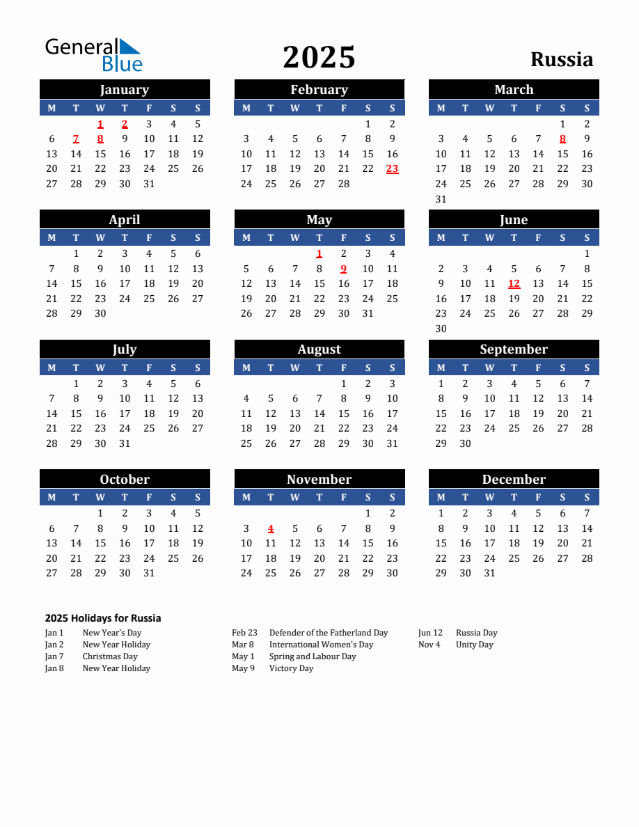 2025 Russia Holiday Calendar