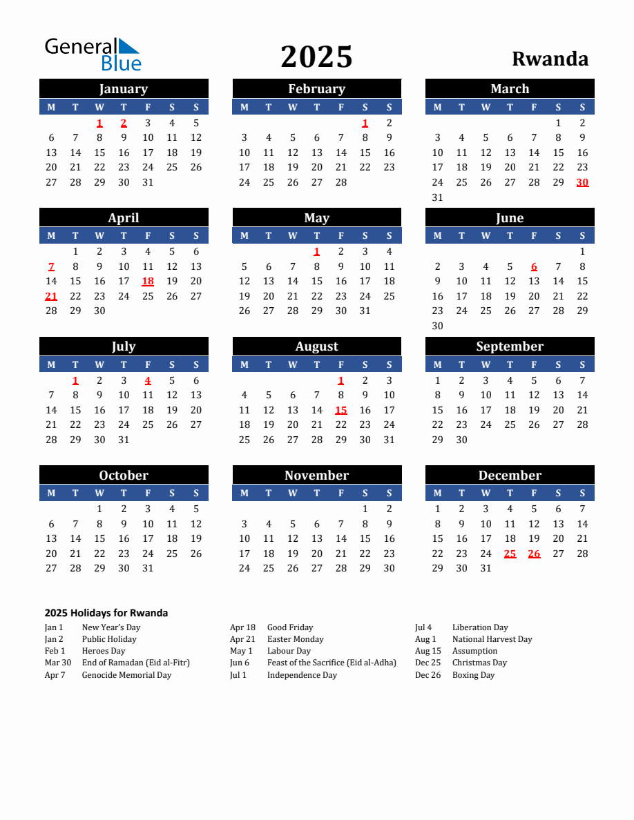 2025 Rwanda Holiday Calendar