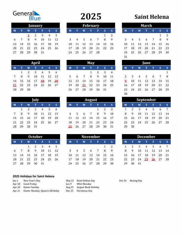 2025 Saint Helena Holiday Calendar