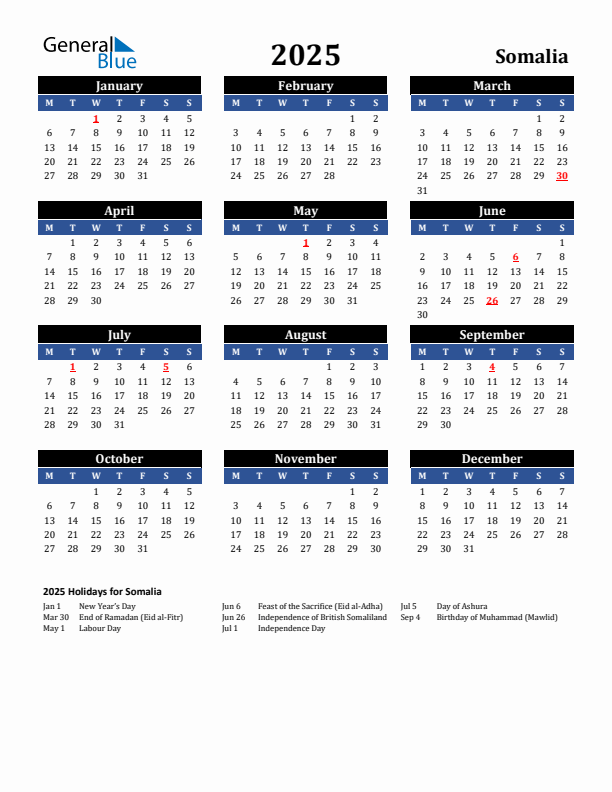 2025 Somalia Holiday Calendar