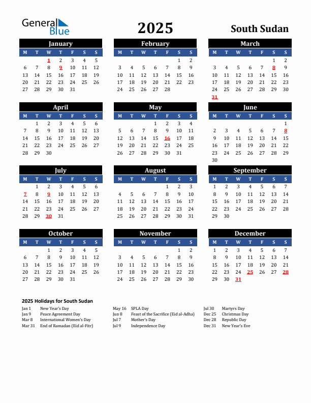 2025 South Sudan Holiday Calendar