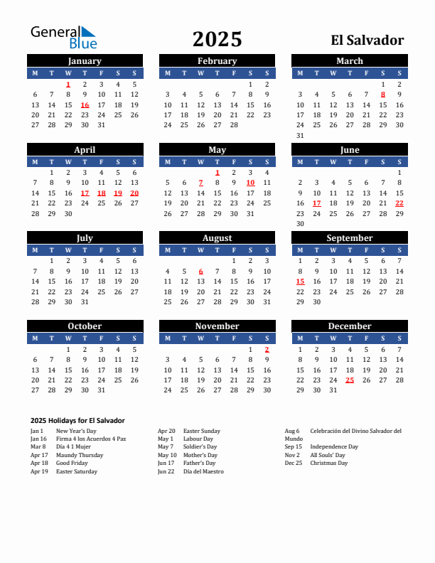 2025 El Salvador Holiday Calendar