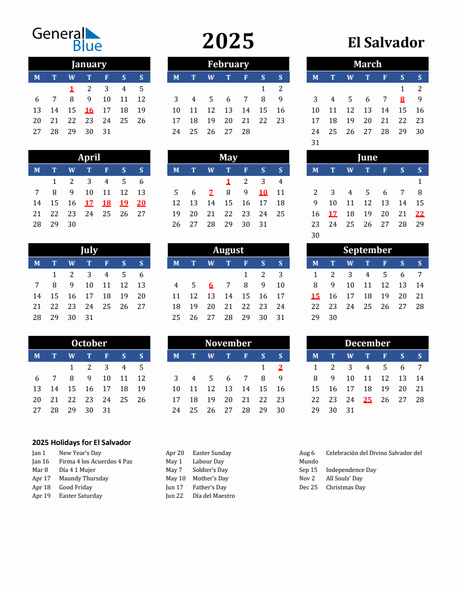 2025 El Salvador Holiday Calendar