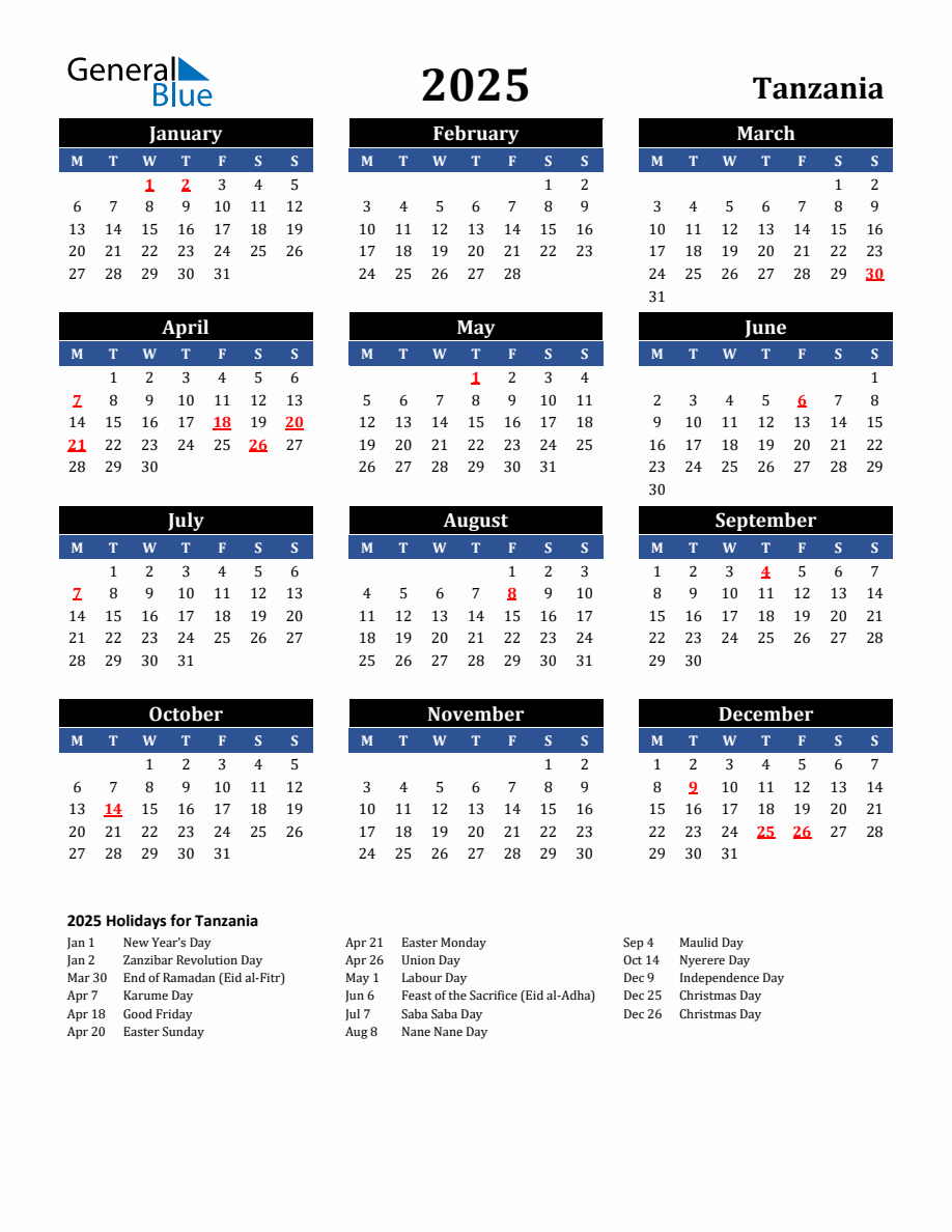 Calendar 2025 With Holidays Tanzania 