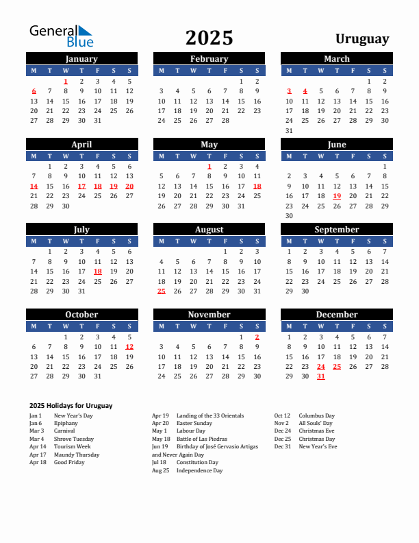 2025 Uruguay Holiday Calendar