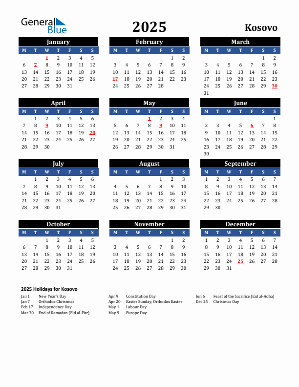2025 Kosovo Holiday Calendar