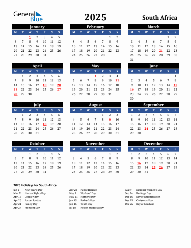 2025 South Africa Holiday Calendar