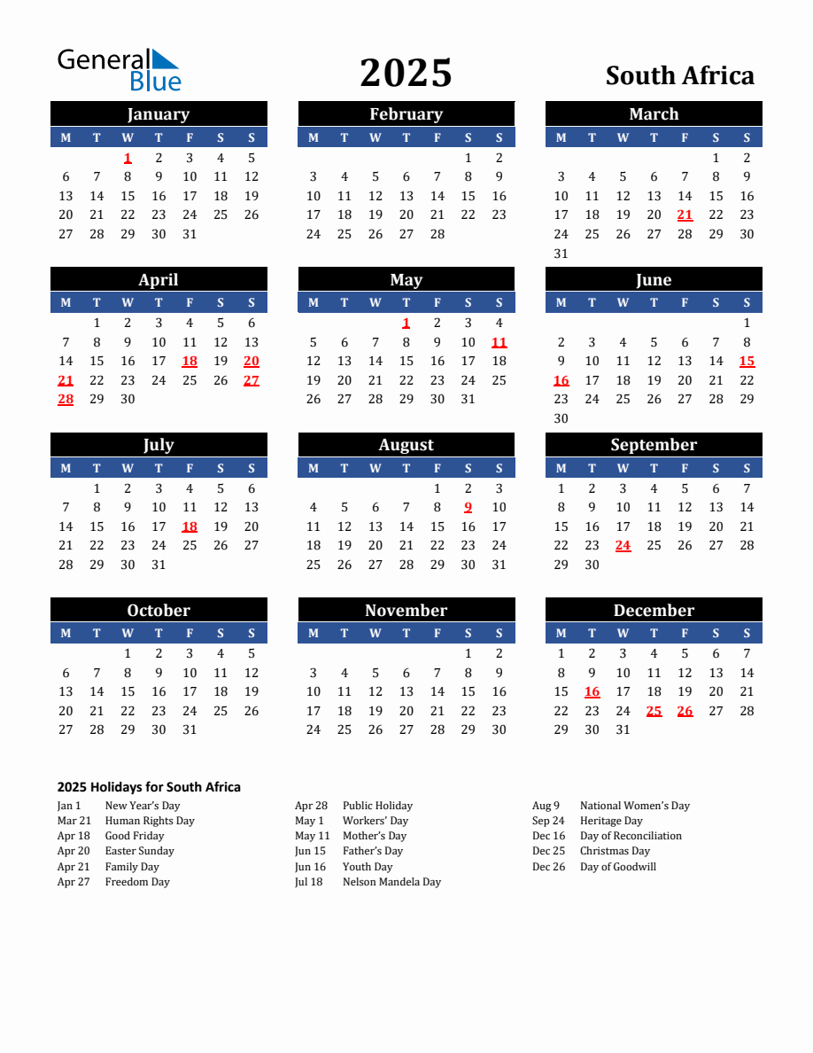 2025 South Africa Holiday Calendar