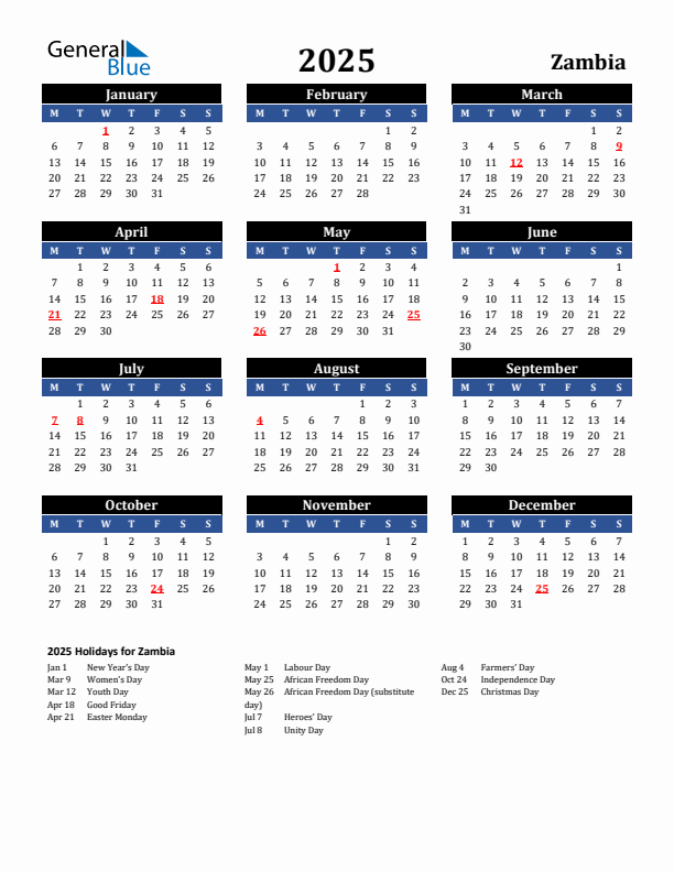 2025 Zambia Holiday Calendar