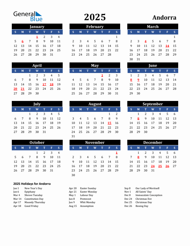 2025 Andorra Holiday Calendar