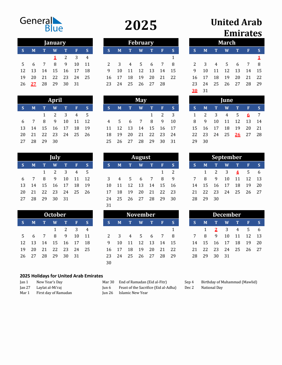 2025 United Arab Emirates Holiday Calendar