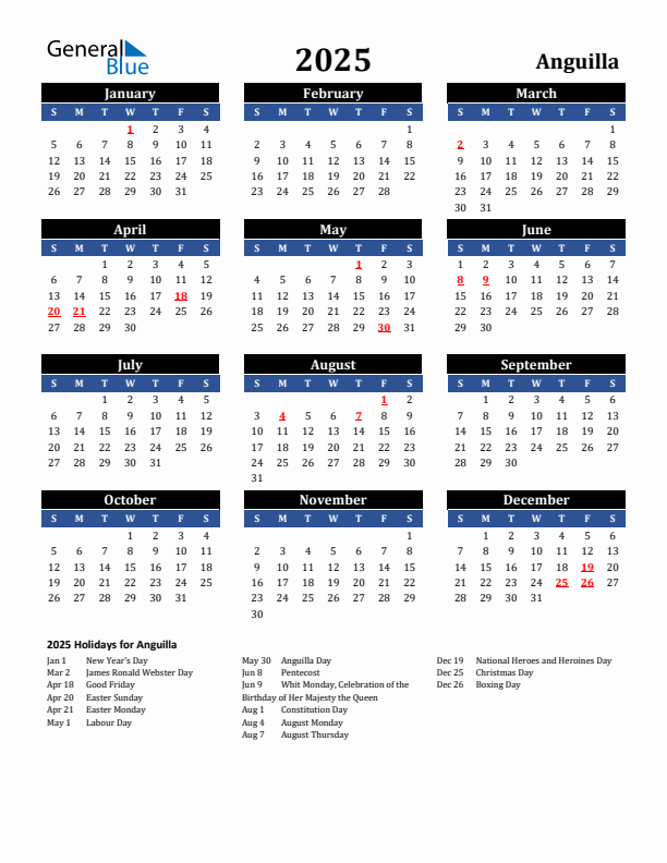 2025 Anguilla Holiday Calendar