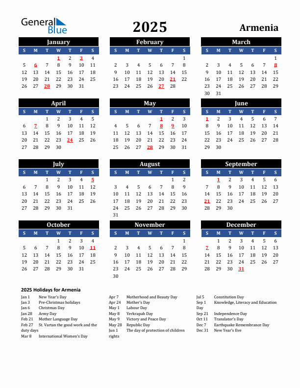 2025 Armenia Holiday Calendar