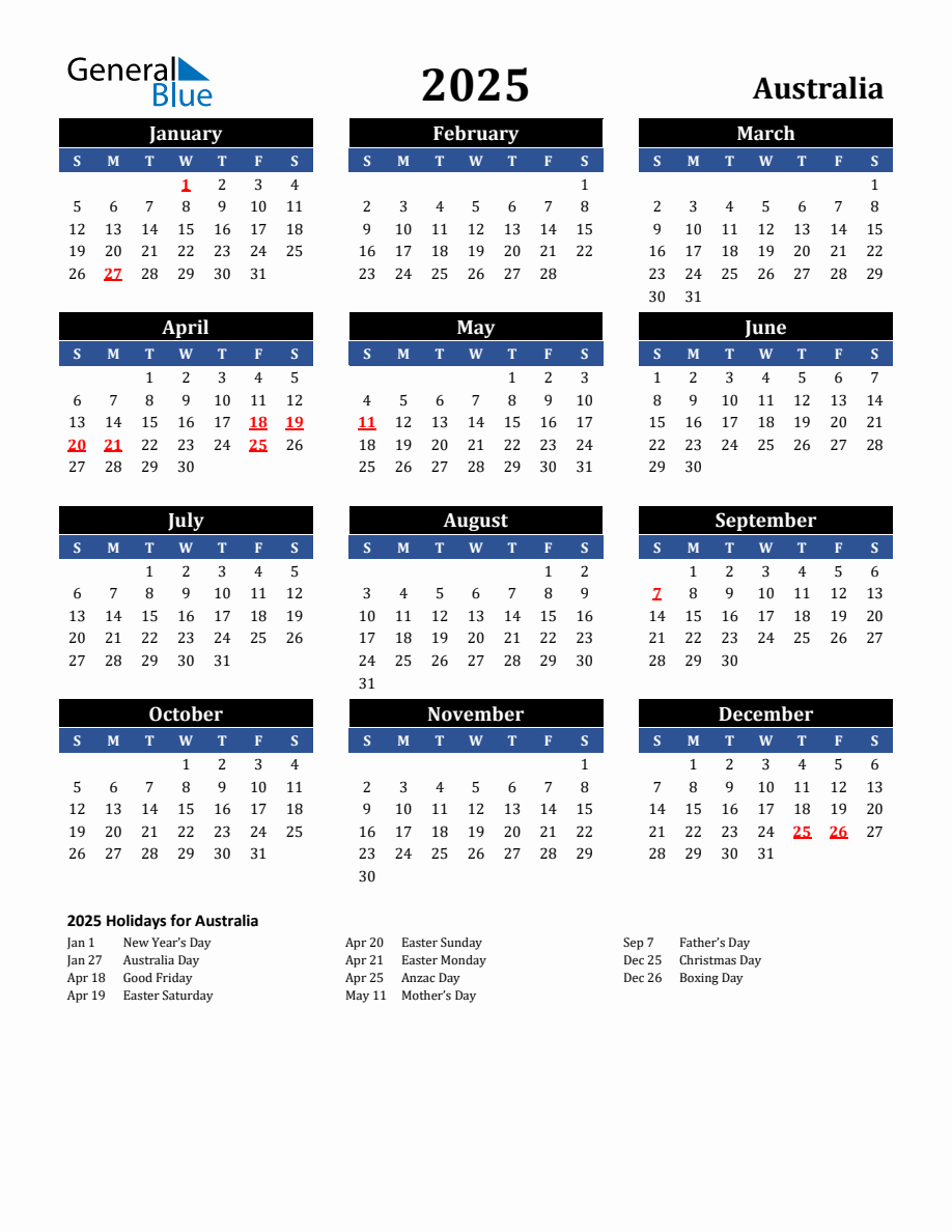 2025 Australia Holiday Calendar