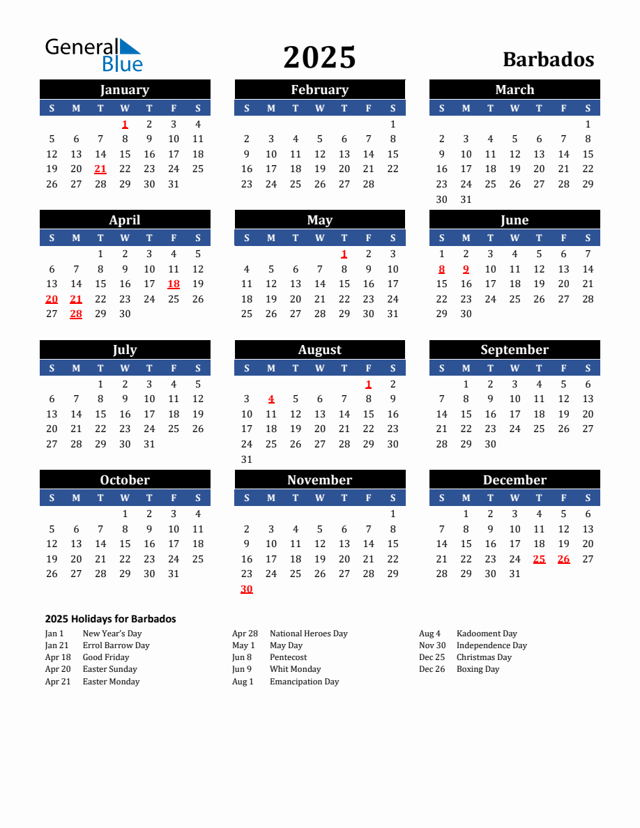 2025 Barbados Holiday Calendar