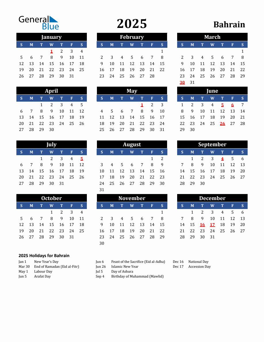 2025 Bahrain Holiday Calendar