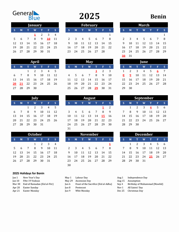 2025 Benin Holiday Calendar