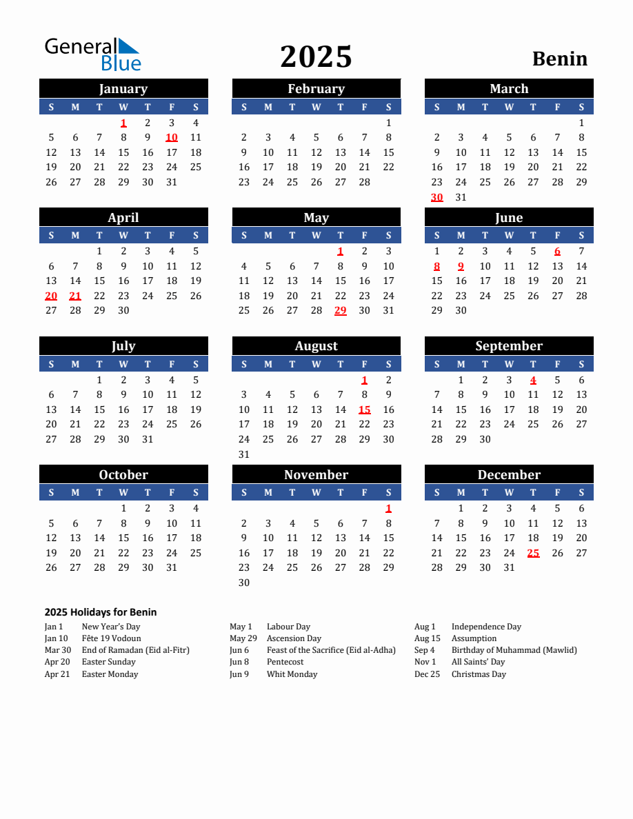 2025 Benin Holiday Calendar