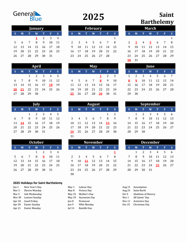 2025 Saint Barthelemy Holiday Calendar
