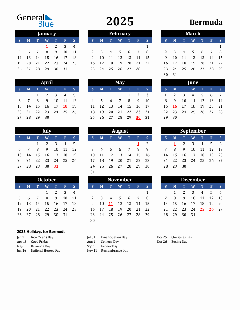 2025 Bermuda Holiday Calendar