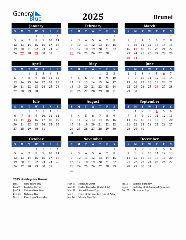 2025 Brunei Holiday Calendar