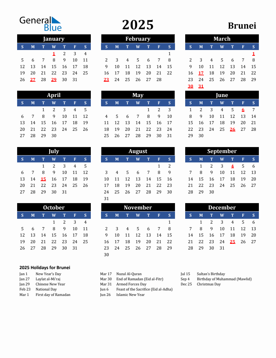 2025 Brunei Holiday Calendar