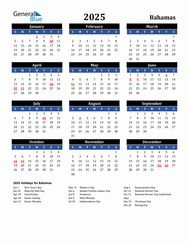 2025 Bahamas Calendar with Holidays