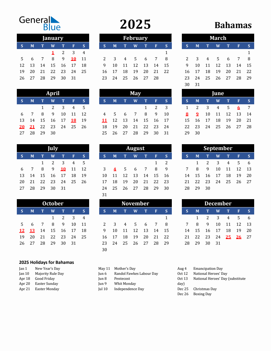 2025 Bahamas Holiday Calendar