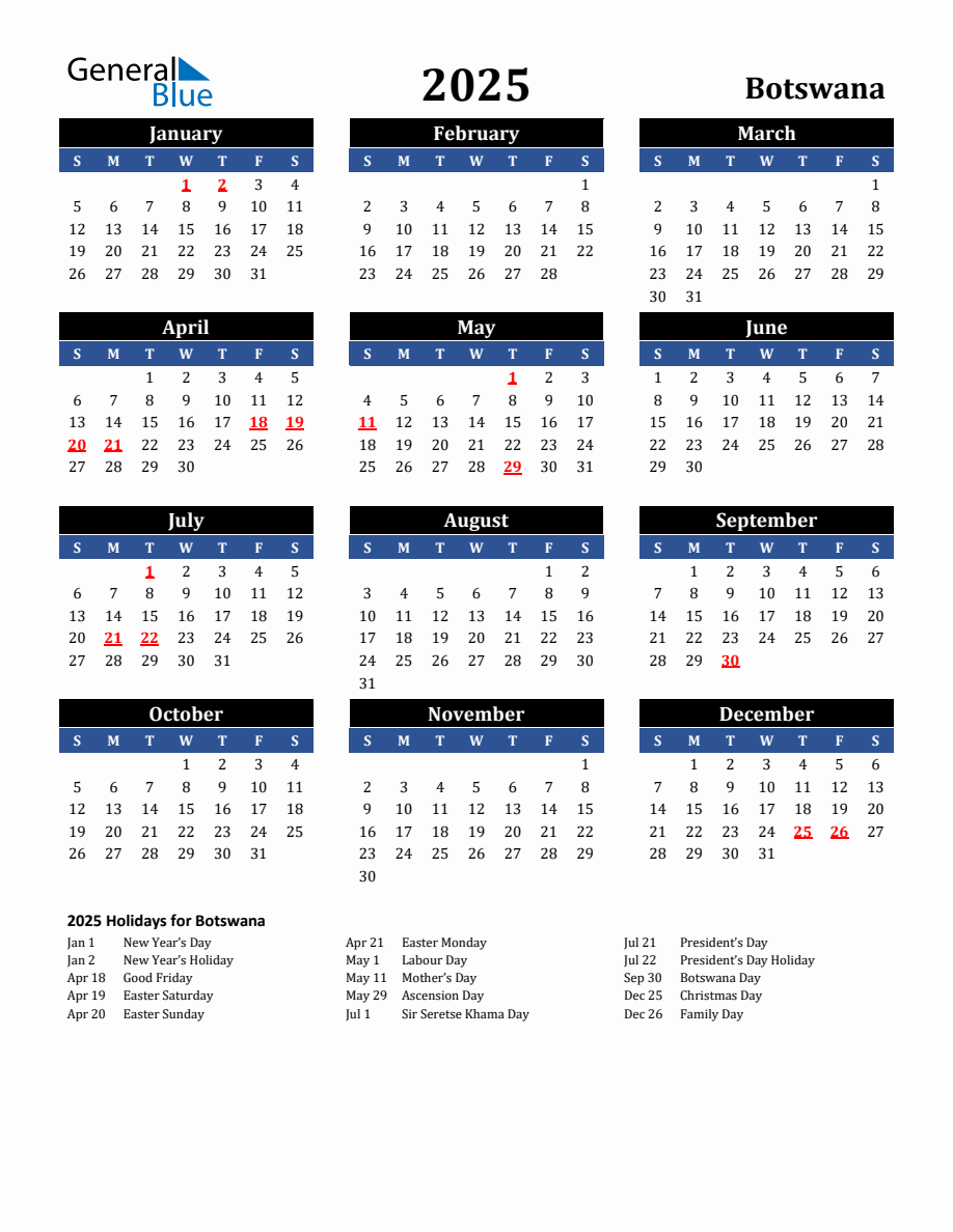 2025 Botswana Holiday Calendar