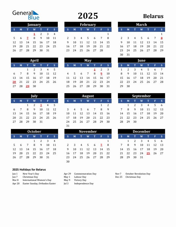 2025 Belarus Holiday Calendar