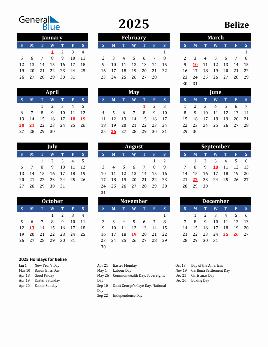 2025 Belize Holiday Calendar