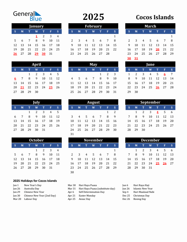 2025 Cocos Islands Holiday Calendar