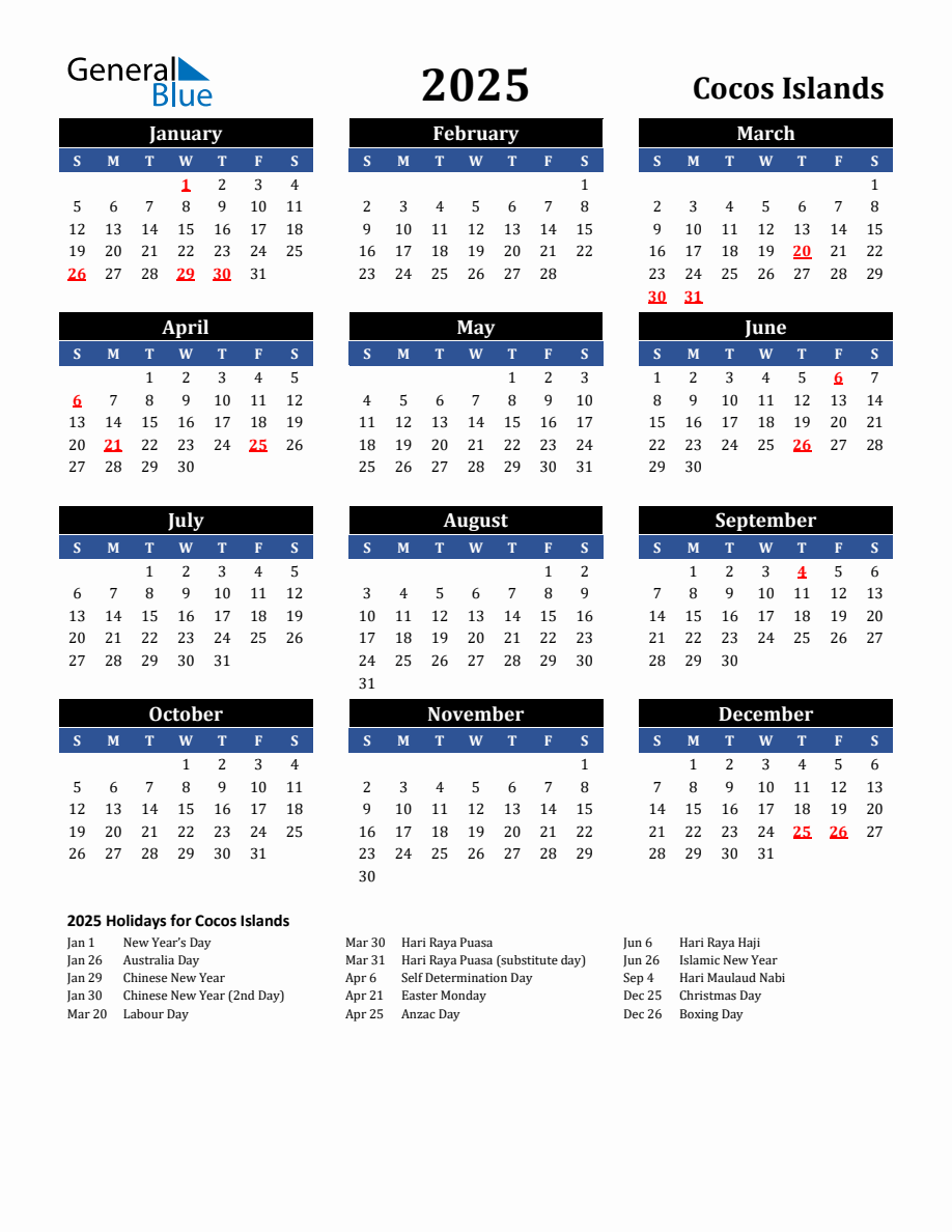 2025 Cocos Islands Holiday Calendar