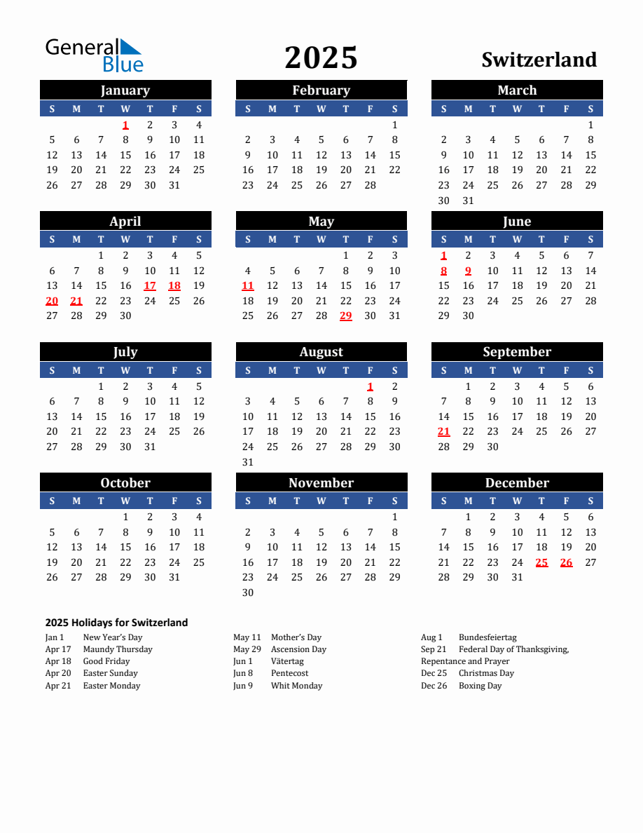 2025 Switzerland Holiday Calendar