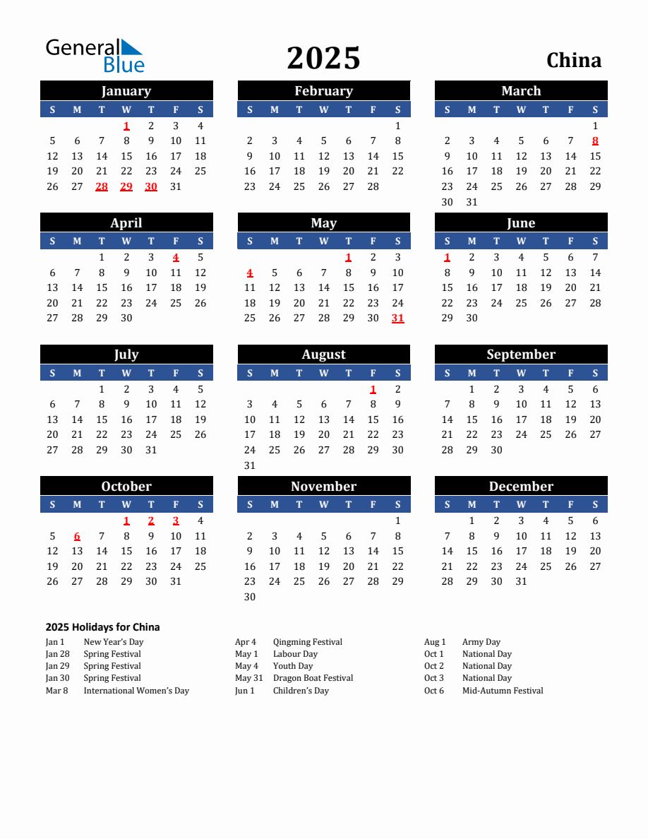 2025 China Holiday Calendar