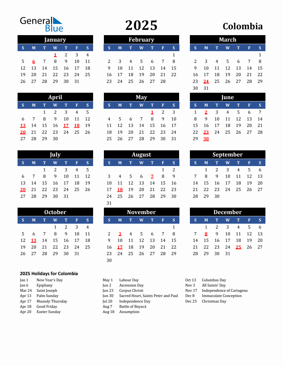 2025 Colombia Holiday Calendar