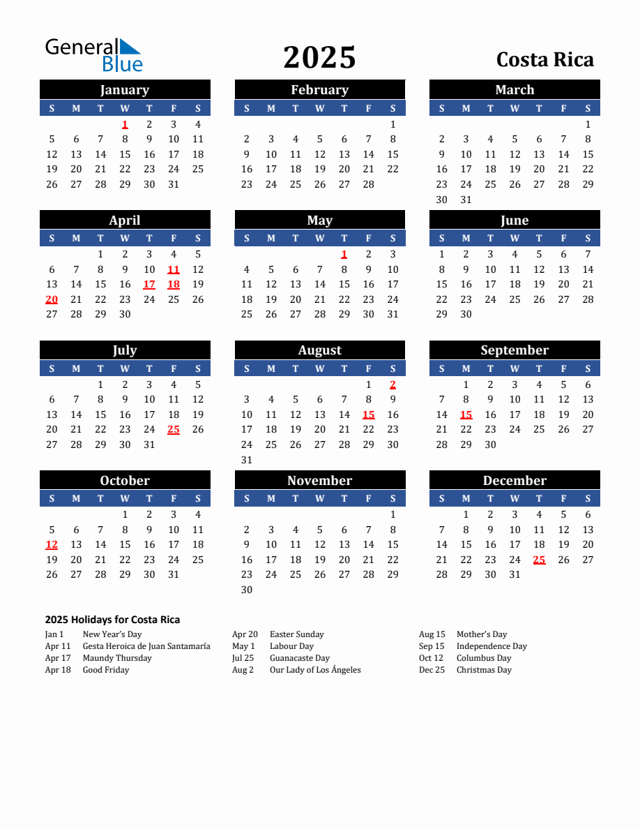 2025 Costa Rica Holiday Calendar