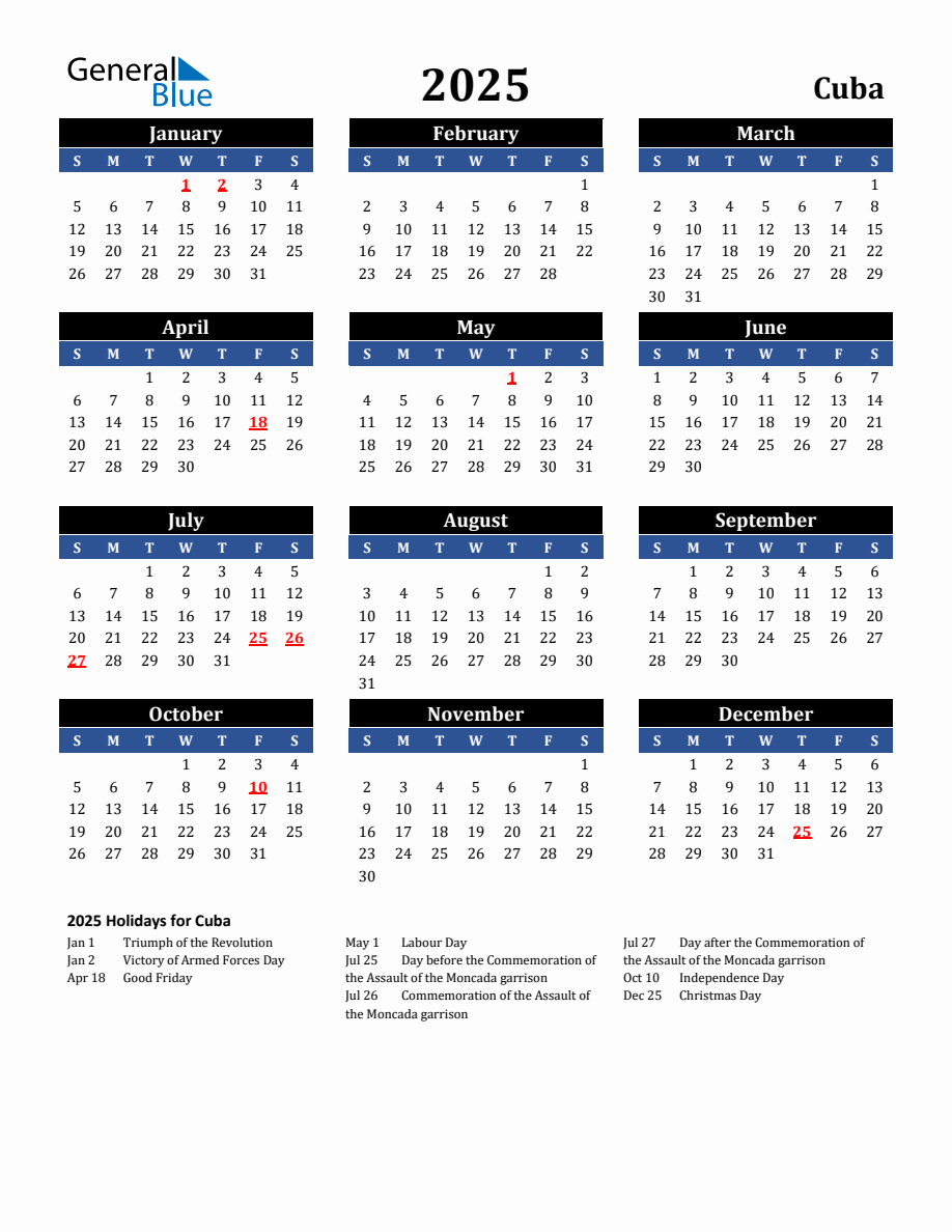 2025 Cuba Holiday Calendar