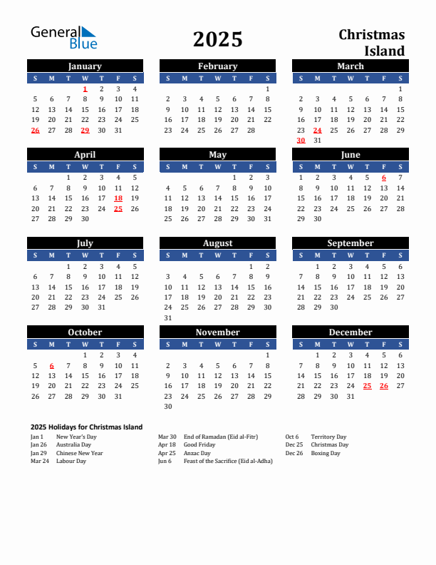2025 Christmas Island Holiday Calendar