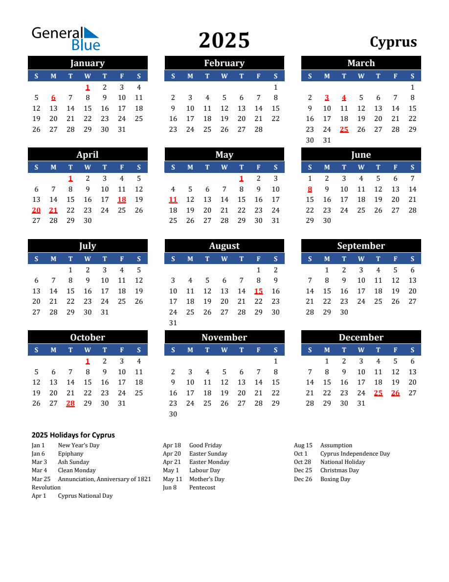 2025 Cyprus Holiday Calendar