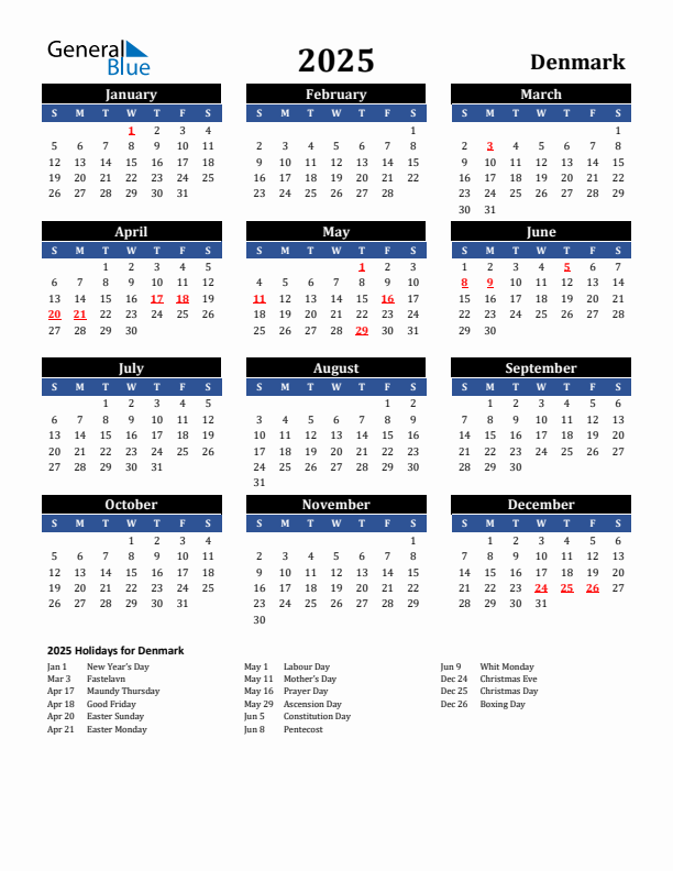 2025 Denmark Holiday Calendar