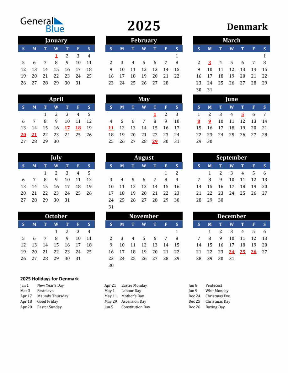 2025 Denmark Holiday Calendar