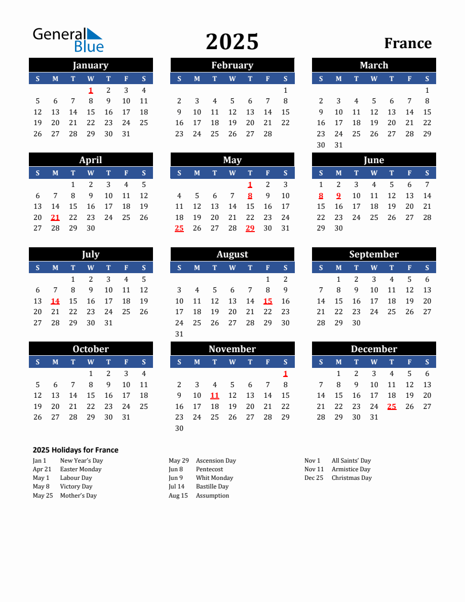 2025 France Holiday Calendar